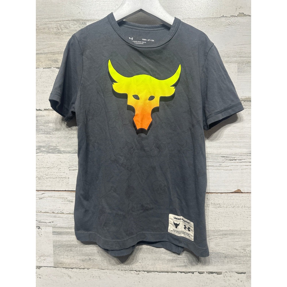 Under Armour Project Rock T-Shirt Boys Small Gray Brahma Bull Graphic GUC